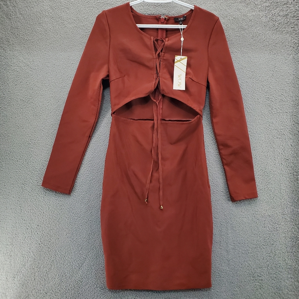 WOW Couture Bodycon Midi Dress Large Cut Out Long Sleeve Bandage Spice NWT